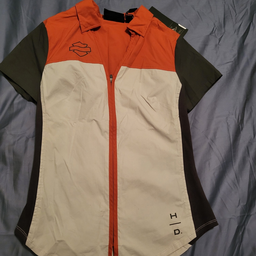 Harley-Davidson Orange and White Zip-Up Shirt